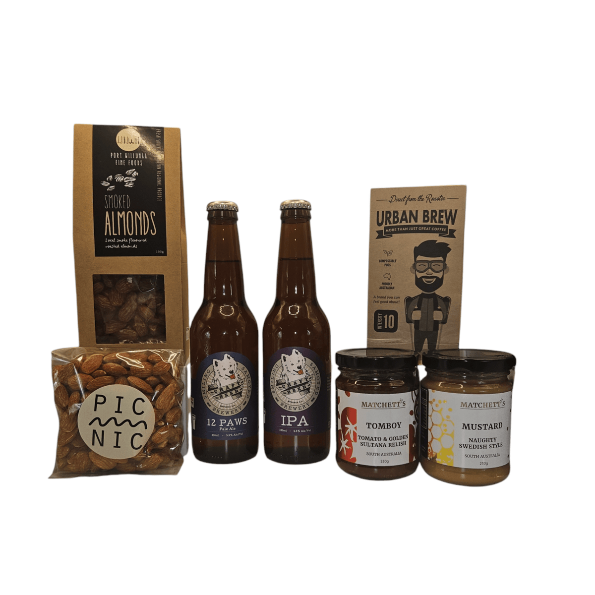 Collection of beer bottles, snacks, and condiments with branded packaging on a white background