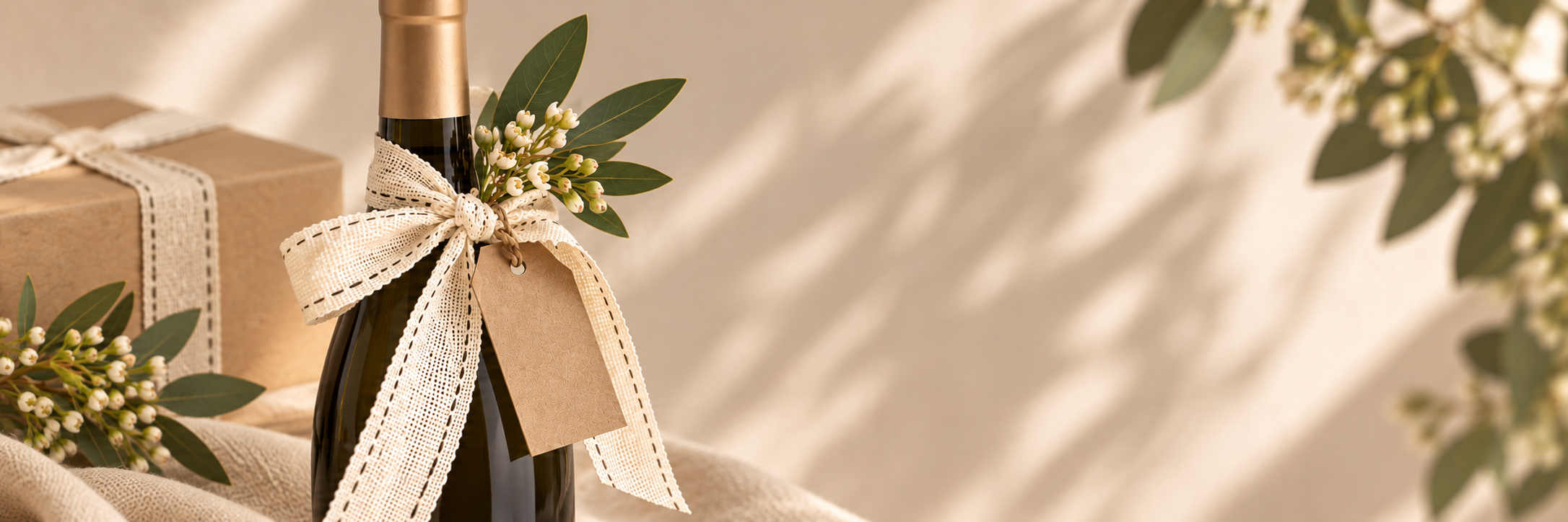 A dark glass bottle with a gold foil top, tied with a cream ribbon and blank kraft tag, decorated with green leaves and small white flowers. A wrapped brown gift box sits beside it on a beige fabric surface with soft shadows and eucalyptus branches in the background.