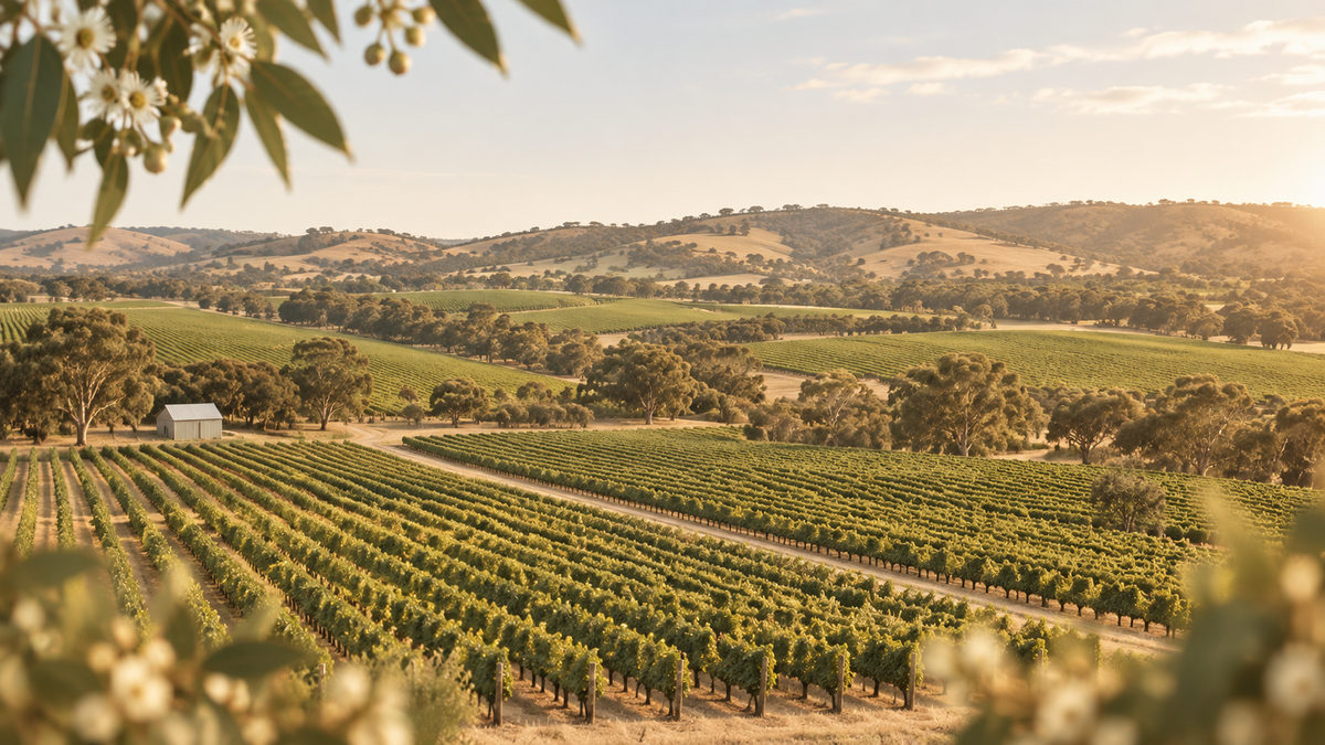 A scenic vineyard landscape with rows of grapevines in the foreground, rolling hills, trees, and a small building in the distance under a warm golden sky.