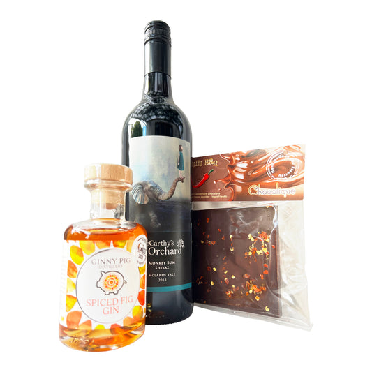 McLaren Vale Shiraz, Ginny Pig Spiced Fig Gin and Chocolique Chili chocolate bar