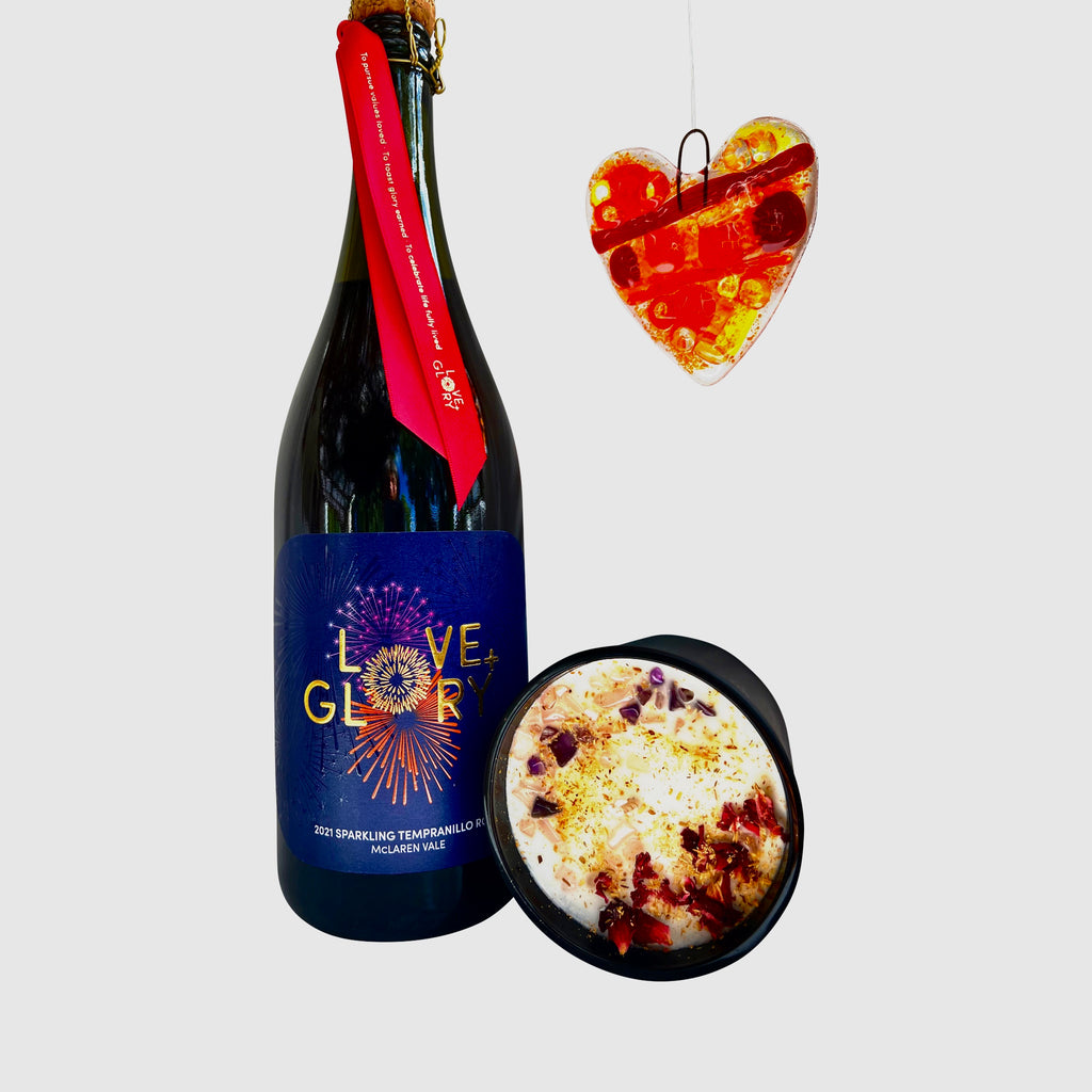 Love and Glory sparkling rosé, hand made glass heart suncatcher and premium Willow & Evie candle with crystals