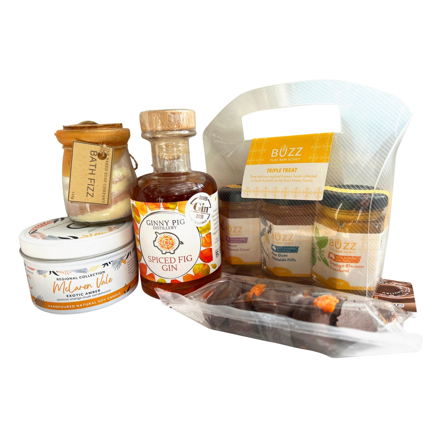 gift boxes Adelaide candle, spiced fig gin, honey triple pack, bath fizz and choc apricots.  