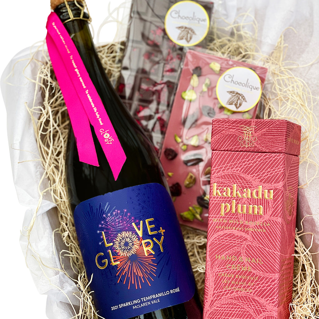 Love and Glory Sparkling rosé with Kakadu Plum organic hand creme and 2 Chocolique bars