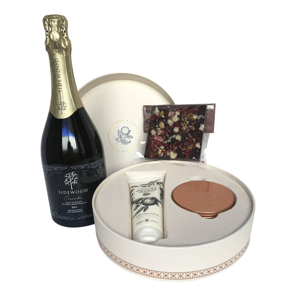 Maine Beach Luxury gift duo of body Mousse and hand creme, dark Chocolate raspberry bar and Sidewood's top class sparkling - Cassandra