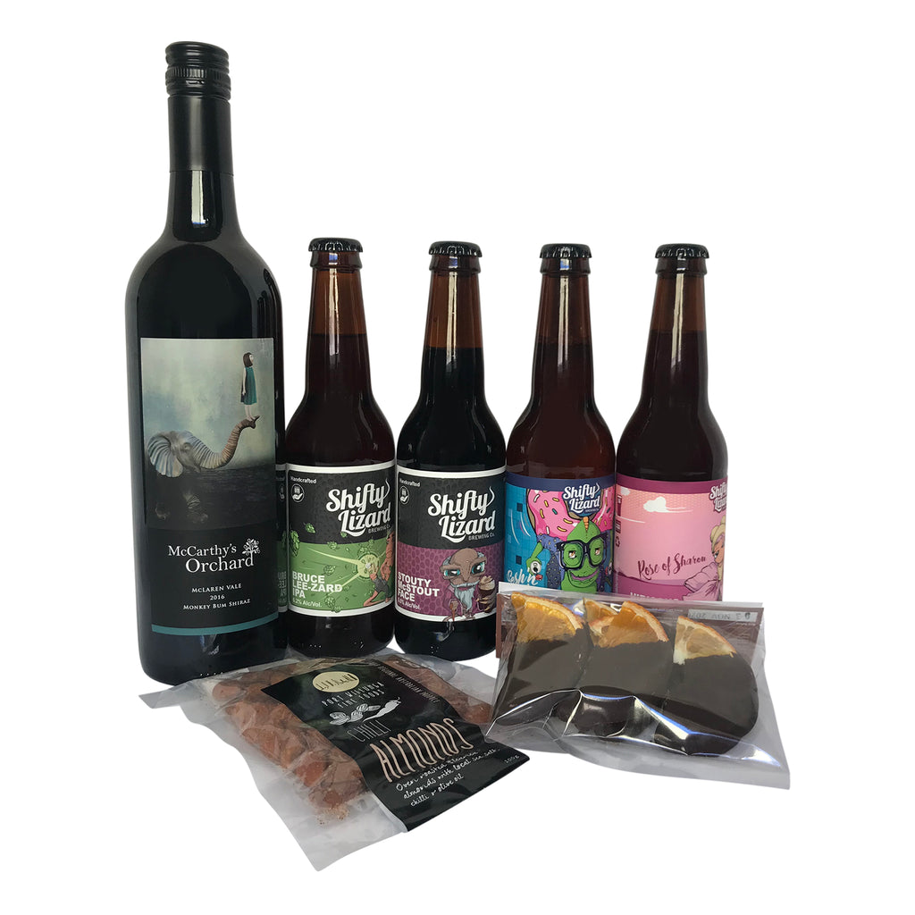 Monkey Bum Shiraz, 4 Shifty Lizard beers, almonds and choc coated oranges or apricots