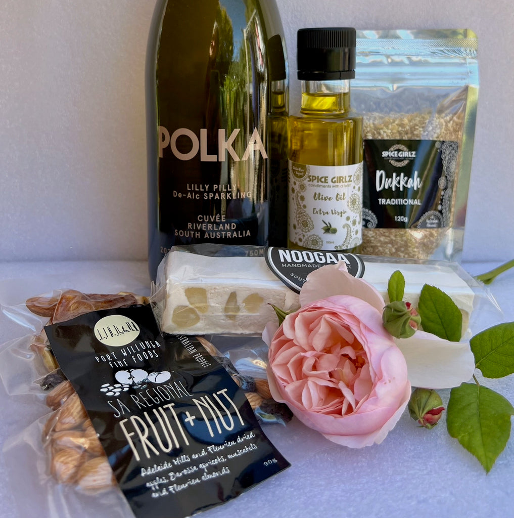 no alcohol sparkling, nooga, fruit and nut pack, olive oil and dukkah